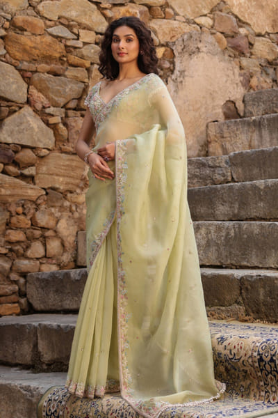 Green zardozi and resham embroidered sari set