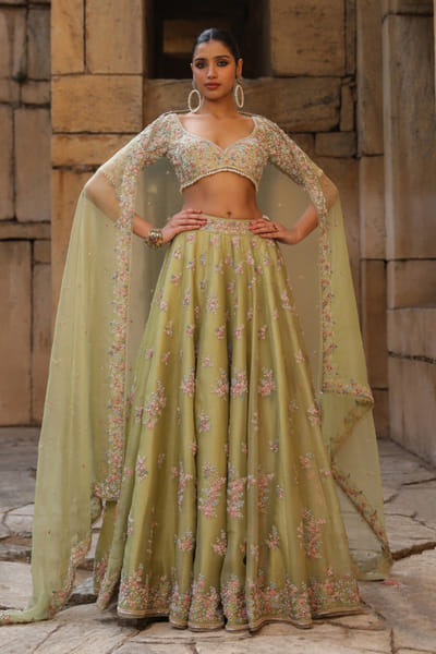 Green zardozi resham embroidered lehenga set