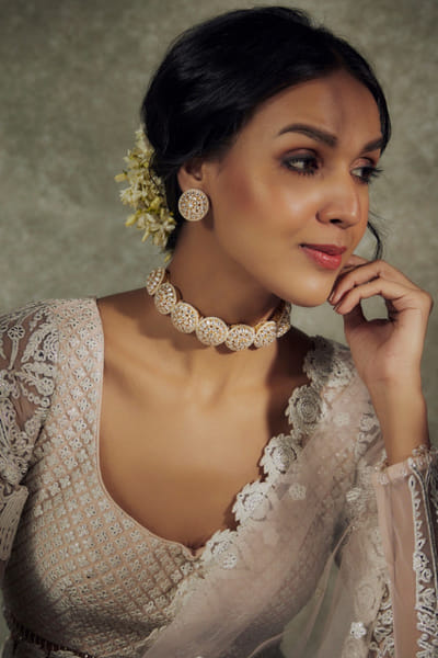 Gold plated white kundan choker set