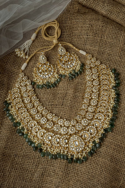 Gold and green polki kundan necklace set