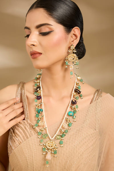 VIVINIA by Vidhi Mehra Green stone and pearl encrusted necklace set VIVNOV25D138562