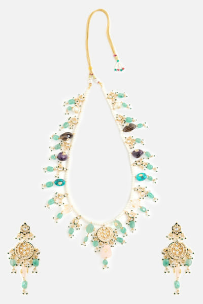 VIVINIA by Vidhi Mehra Green stone and pearl encrusted necklace set VIVNOV25D138562