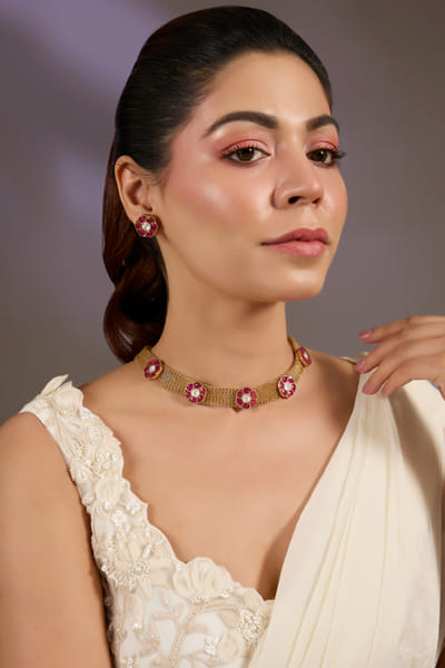 VIVINIA by Vidhi Mehra Ruby floral stone embellished choker set VIVIDEC9953530