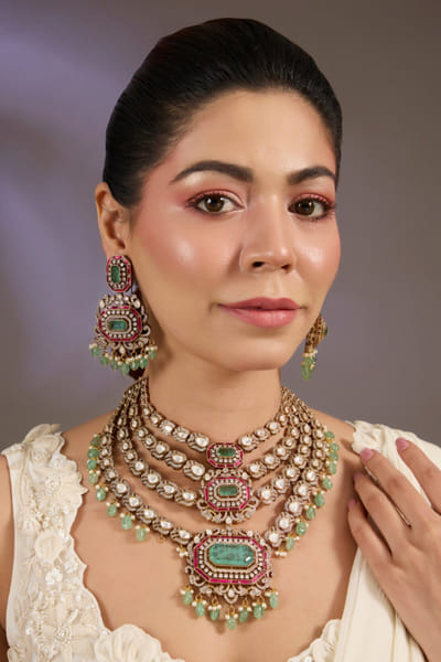 Green kundan stone long layered necklace set