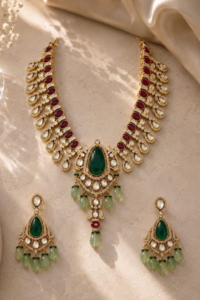 VIVINIA by Vidhi Mehra Green moissanite polki pendant necklace set VIVFEB26D138176