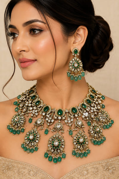 VIVINIA by Vidhi Mehra Green moissanite polki embellished choker set VIVFEB26D138174
