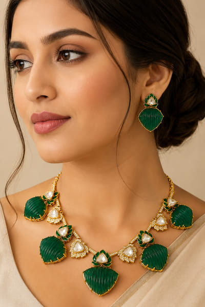 VIVINIA by Vidhi Mehra Green lotus kundan embellished necklace set VIVFEB26D138178