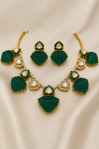 VIVINIA by Vidhi Mehra Green lotus kundan embellished necklace set VIVFEB26D138178