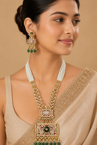 VIVINIA by Vidhi Mehra Green and gold meenakari necklace set VIVIJUN26D146929