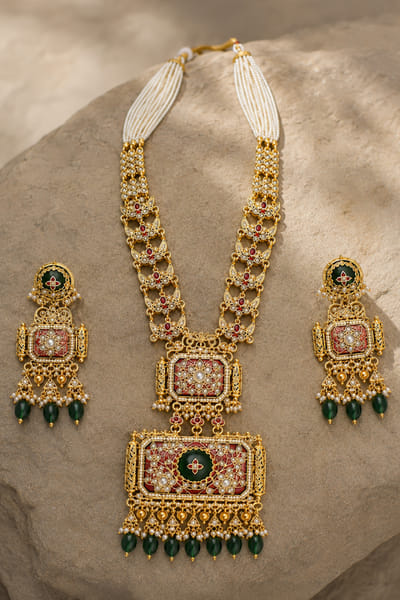 VIVINIA by Vidhi Mehra Green and gold meenakari necklace set VIVIJUN26D146929