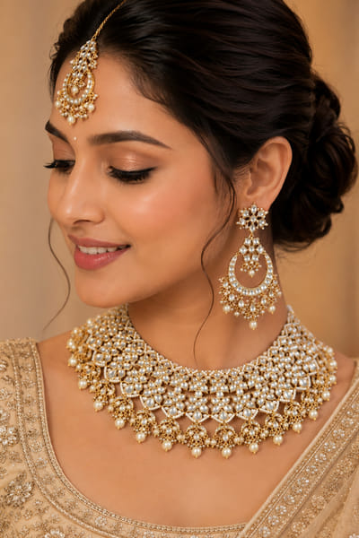 VIVINIA by Vidhi Mehra Gold floral kundan pearl choker set VIVIJUN26D146924