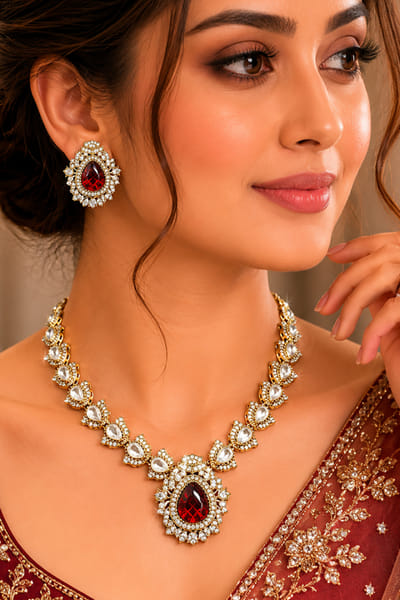 VIVINIA by Vidhi Mehra Ruby teardrop kundan embellished necklace set VIVIAUG26D253521
