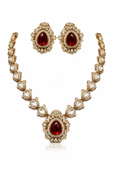 VIVINIA by Vidhi Mehra Ruby teardrop kundan embellished necklace set VIVIAUG26D253521