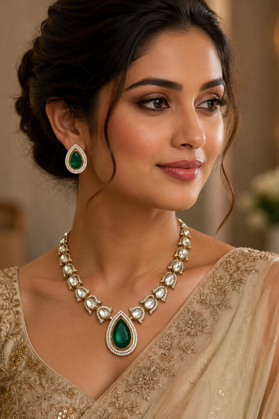 VIVINIA by Vidhi Mehra Green teardrop moissanite kundan necklace set VIVIAUG26D253520