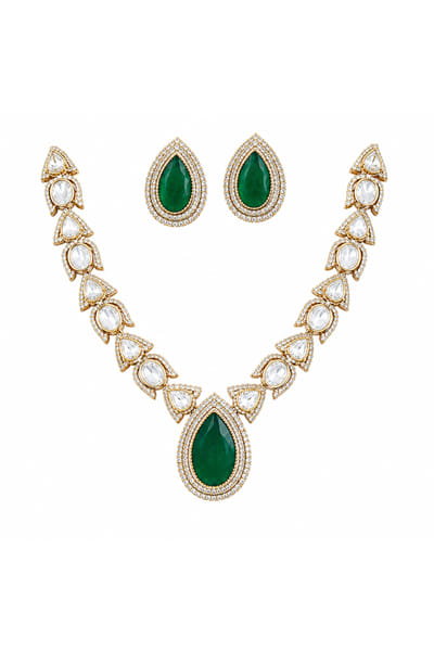 VIVINIA by Vidhi Mehra Green teardrop moissanite kundan necklace set VIVIAUG26D253520