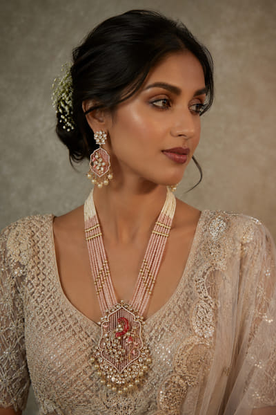 VIVINIA by Vidhi Mehra Pink moissanite polki beaded necklace set VIVIAUG26D253516