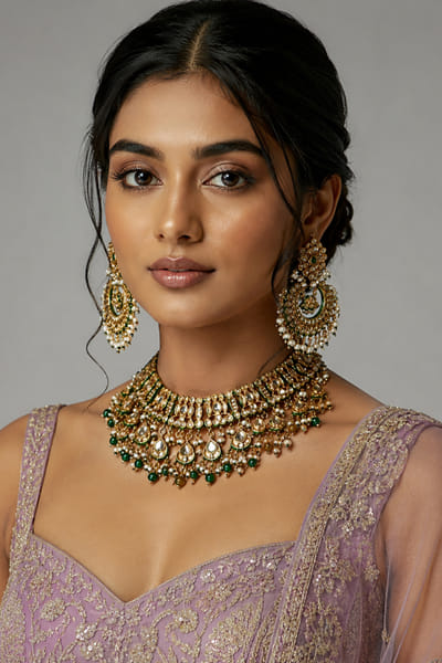 VIVINIA by Vidhi Mehra Green and gold kundan pearl choker set VIVIAUG26D253518