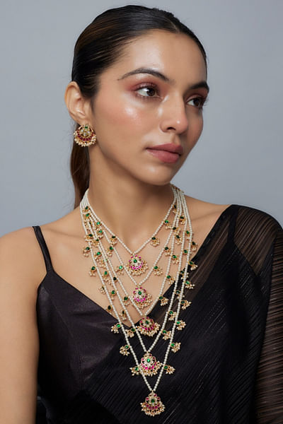 Gold pearl embellished layered necklace set