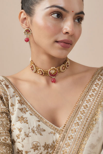 Gold and pink bead embellished choker set