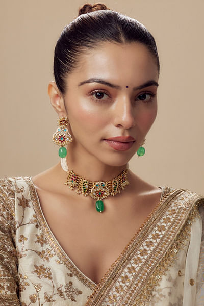 Gold and green polki choker set