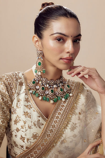 Gold and green polki necklace set