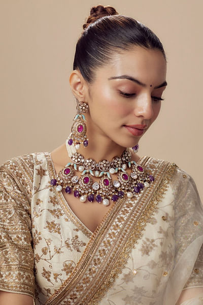 Gold and purple polki necklace set