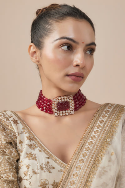 Red bead embellished choker set