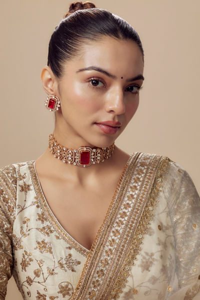 Gold and red polki embellished choker set
