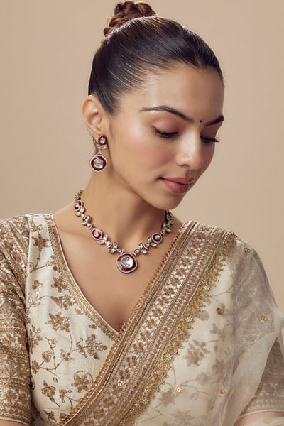 Gold and red polki necklace set