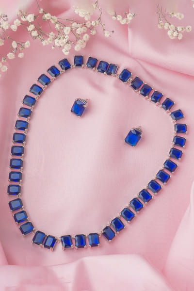 VIVINIA by Vidhi Mehra Silver and blue stone embellished necklace set VIVSEP25D332621