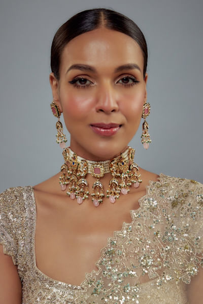 Gold and pink kundan polki gemstone choker set