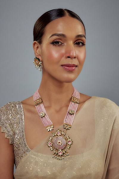 Gold and pink floral kundan polki necklace set
