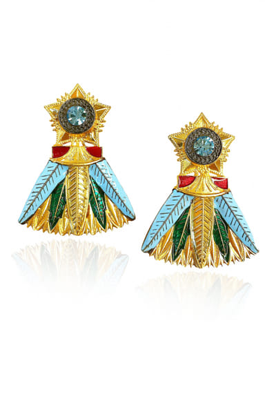 Blue leaf studded earrings