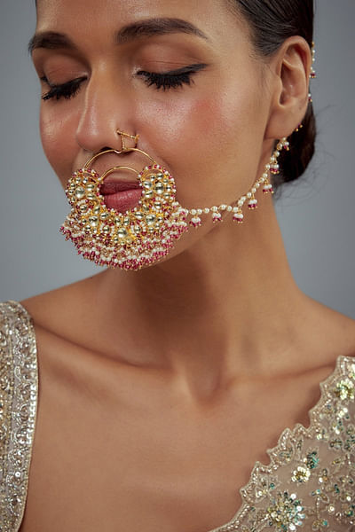 Gold and pink kundan polki chain nose ring