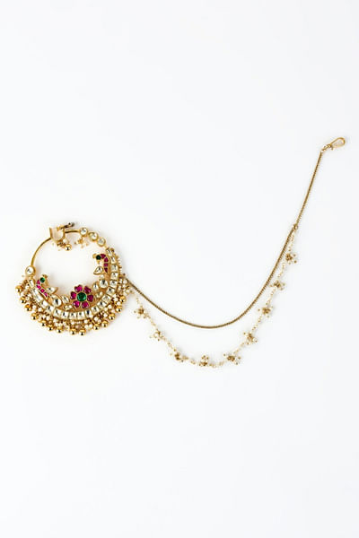 Gold and red kundan polki chain nose ring