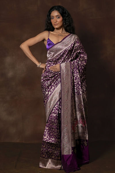 Purple animal woven banarasi brocade sari