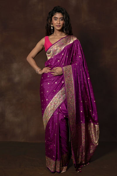 Purple floral woven banarasi brocade sari