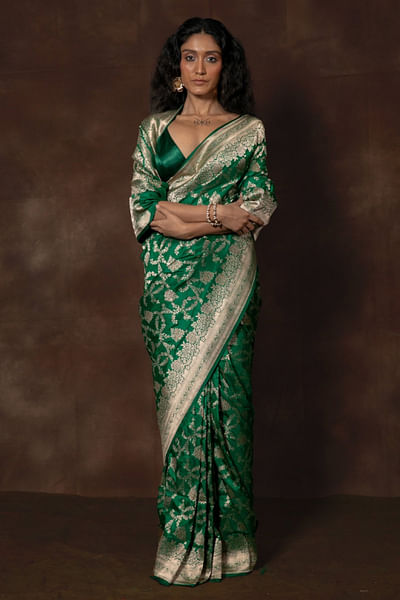 Green floral woven banarasi brocade sari
