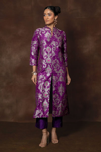 Purple floral woven banarasi brocade kurta set