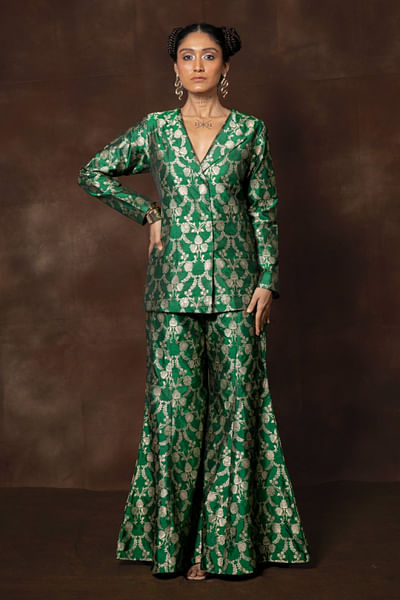 Green floral woven banarasi blazer and gharara