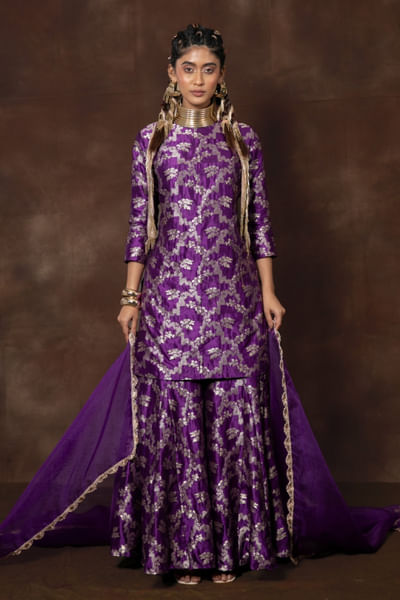 Purple floral woven banarasi sharara set
