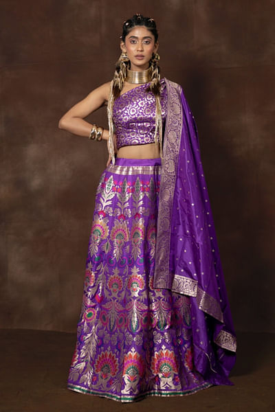 Purple floral woven banarasi lehenga set