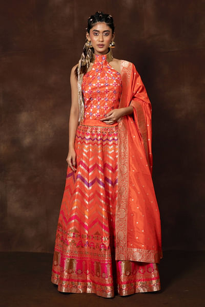 Orange chevron woven banarasi lehenga set