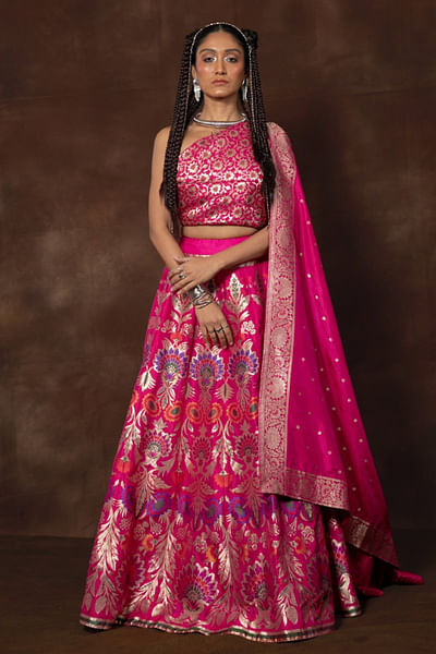 Pink floral woven banarasi lehenga set