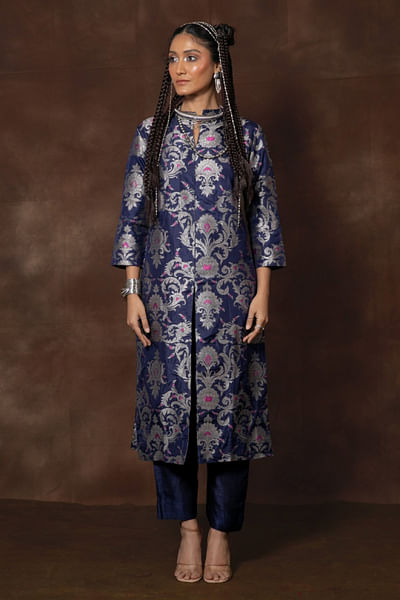 Blue floral woven banarasi brocade kurta set
