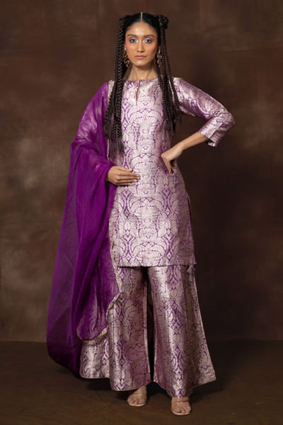 Purple leaf woven banarasi sharara set