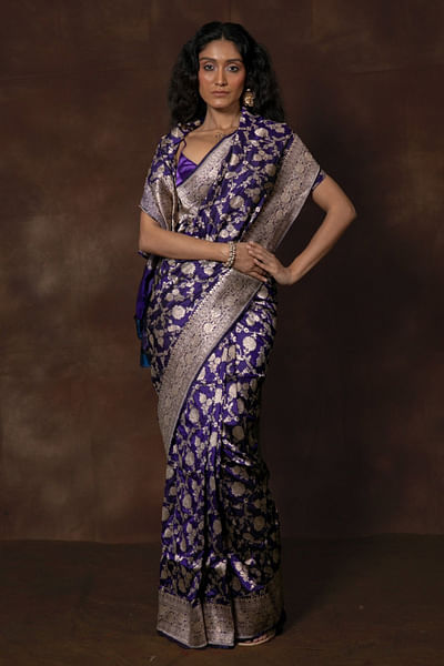 Blue floral woven banarasi brocade sari