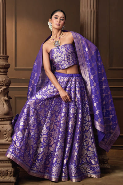 Purple banarasi silk lehenga set