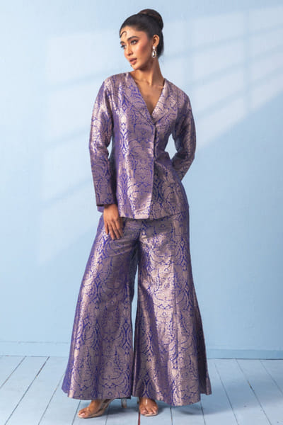 Blue brocade blazer set