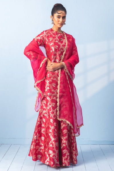 Red banarasi silk sharara set
